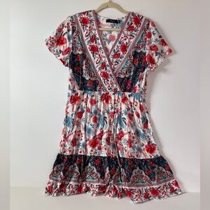 Zesica summer wrap, V-neck bohemian floral print ruffle swing a line beach mini
